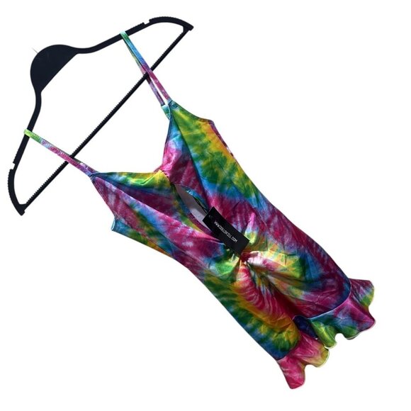 Dolls Kill Club EXX Women Size S Rainbow Color Tie Dye Front Slit Mini Dress NWT - Picture 2 of 7
